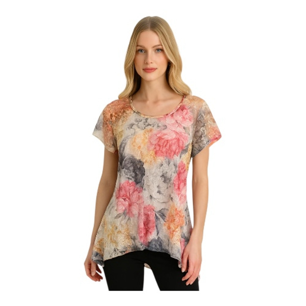 Clover + Pine M White Pink Grey Floral Lace Asymmetrical Blouse Top NWT
